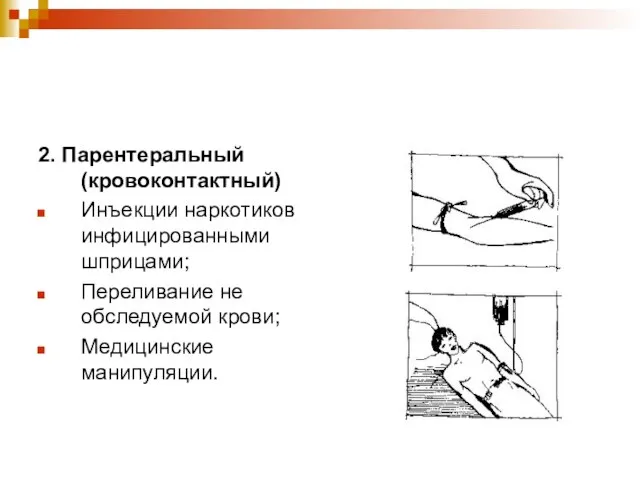 2. Парентеральный (кровоконтактный) Инъекции наркотиков инфицированными шприцами; Переливание не обследуемой крови; Медицинские манипуляции.