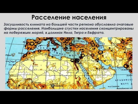 Расселение населения Засушливость климата на большей части региона обусловила очаговые формы