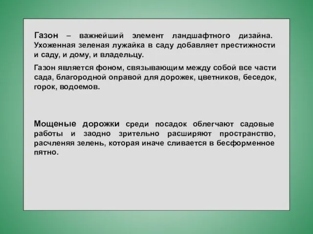 Газон – важнейший элемент ландшафтного дизайна. Ухоженная зеленая лужайка в саду