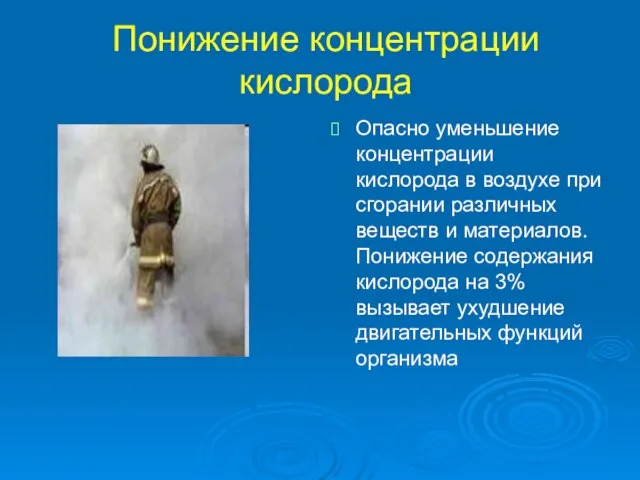 Понижение концентрации кислорода Опасно уменьшение концентрации кислорода в воздухе при сгорании