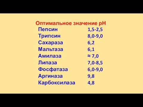 Оптимальное значение рН Пепсин Трипсин Сахараза Мальтаза Амилаза Липаза Фосфатаза Аргиназа