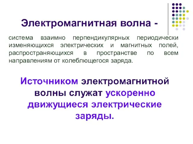 Электромагнитная волна - система взаимно перпендикулярных периодически изменяющихся электрических и магнитных