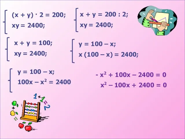 (x + y) · 2 = 200; хy = 2400; x