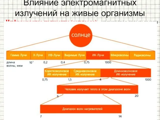 Влияние электромагнитных излучений на живые организмы Инфракрасное излучение (тепловое) - излучается