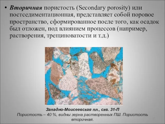 Вторичная пористость (Secondary porosity) или постседиментационная, представляет собой поровое пространство, сформированное