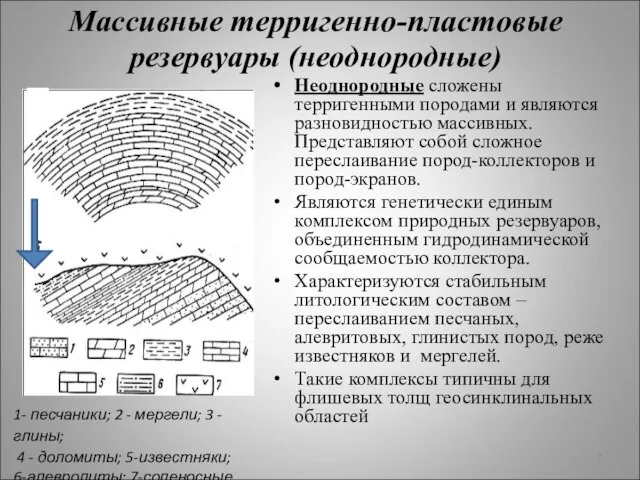 Неоднородные сложены терригенными породами и являются разновидностью массивных. Представляют собой сложное