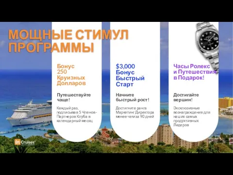 МОЩНЫЕ СТИМУЛ ПРОГРАММЫ Бонус 250 Круизных Долларов $3,000 Бонус Быстрый Старт