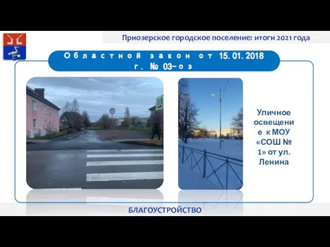 Приозерское городское поселение: итоги 2021 года БЛАГОУСТРОЙСТВО Уличное освещение к МОУ