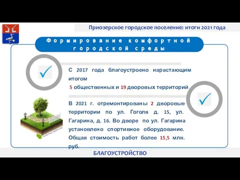 Приозерское городское поселение: итоги 2021 года БЛАГОУСТРОЙСТВО С 2017 года благоустроено