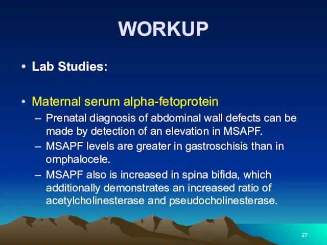 WORKUP Lab Studies: Maternal serum alpha-fetoprotein Prenatal diagnosis of abdominal wall