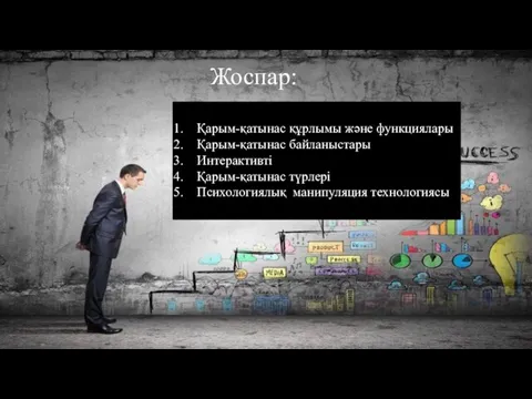 Қарым-қатынас құрлымы және функциялары Қарым-қатынас байланыстары Интерактивті Қарым-қатынас түрлері Психологиялық манипуляция технологиясы Жоспар: