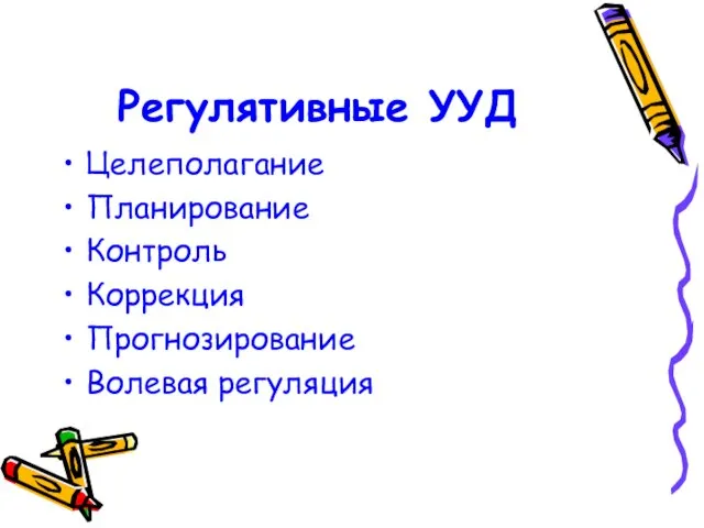 Регулятивные УУД Целеполагание Планирование Контроль Коррекция Прогнозирование Волевая регуляция