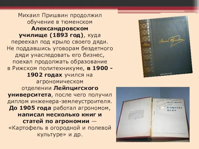 Михаил Пришвин продолжил обучение в тюменском Александровском училище (1893 год), куда