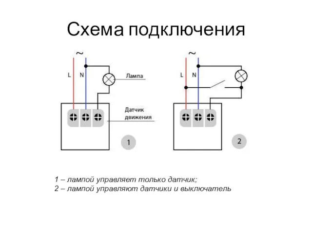 Схема подключения 1 – лампой управляет только датчик; 2 – лампой управляют датчики и выключатель