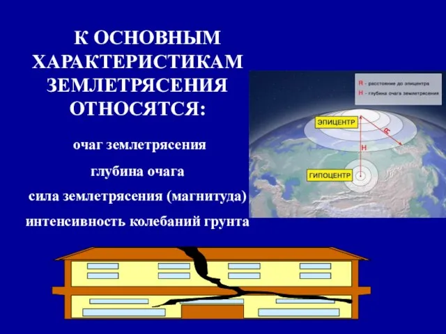 К ОСНОВНЫМ ХАРАКТЕРИСТИКАМ ЗЕМЛЕТРЯСЕНИЯ ОТНОСЯТСЯ: очаг землетрясения глубина очага сила землетрясения (магнитуда) интенсивность колебаний грунта