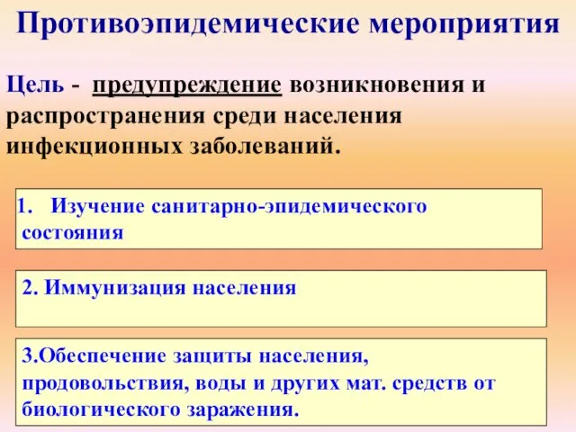 Противоэпидемические мероприятия Цель - предупреждение возникновения и распространения среди населения инфекционных