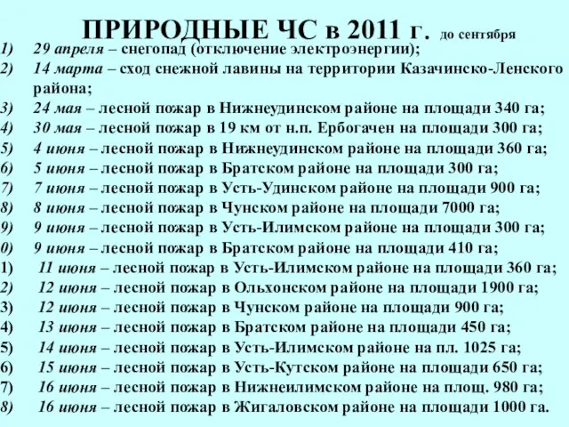 ПРИРОДНЫЕ ЧС в 2011 г. до сентября 29 апреля – снегопад