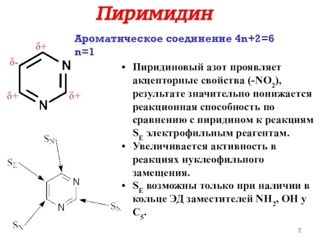 Пиримидин Пиридиновый азот проявляет акцепторные свойства (-NO2), результате значительно понижается реакционная