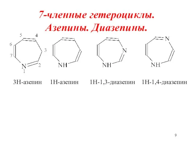 7-членные гетероциклы. Азепины. Диазепины. 3Н-азепин 1Н-азепин 1Н-1,3-диазепин 1Н-1,4-диазепин