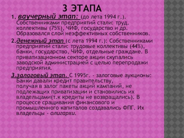 3 ЭТАПА 1. ваучерный этап: (до лета 1994 г.). Собственниками предприятий