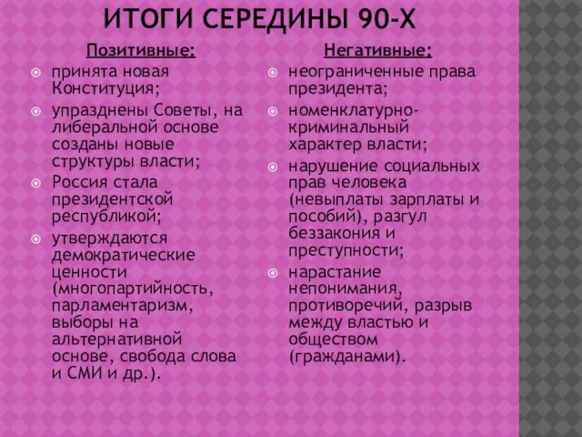 ИТОГИ СЕРЕДИНЫ 90-Х Позитивные: принята новая Конституция; упразднены Советы, на либеральной