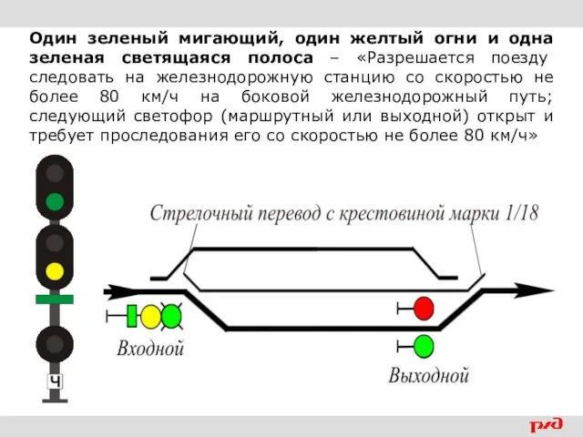 Один зеленый мигающий, один желтый огни и одна зеленая светящаяся полоса