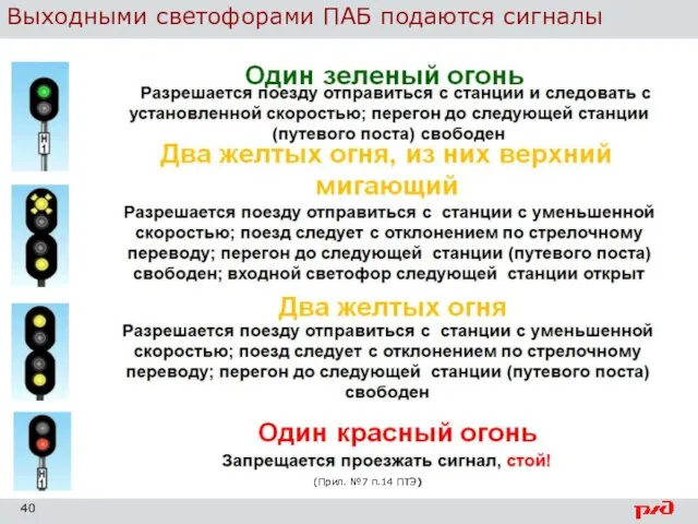 Выходными светофорами ПАБ подаются сигналы (Прил. №7 п.14 ПТЭ)