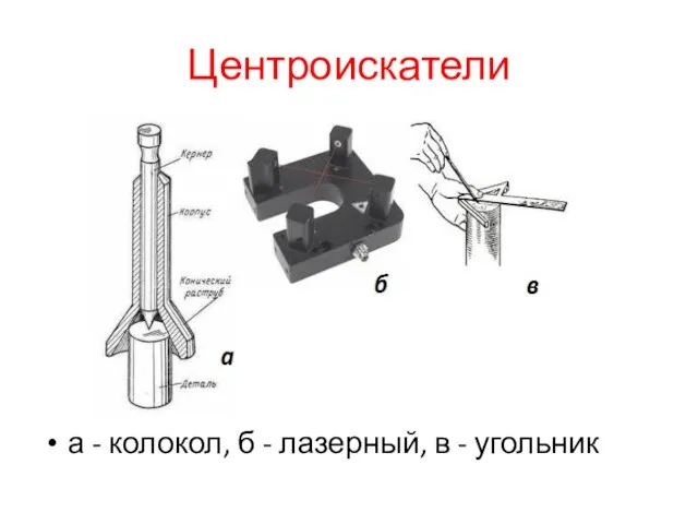 Центроискатели а - колокол, б - лазерный, в - угольник