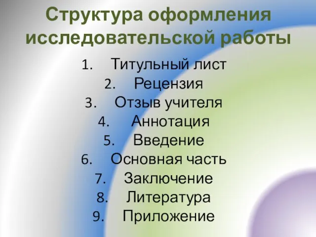 Структура оформления исследовательской работы Титульный лист Рецензия Отзыв учителя Аннотация Введение Основная часть Заключение Литература Приложение