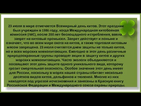 23 июля в мире отмечается Всемирный день китов. Этот праздник был