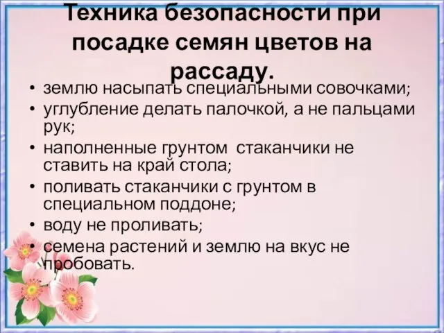 Техника безопасности при посадке семян цветов на рассаду. землю насыпать специальными