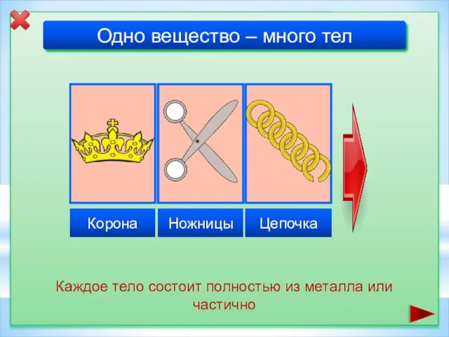 Одно вещество – много тел Каждое тело состоит полностью из металла или частично