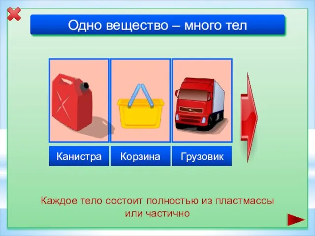 Одно вещество – много тел Каждое тело состоит полностью из пластмассы или частично