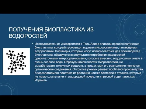 ПОЛУЧЕНИЯ БИОПЛАСТИКА ИЗ ВОДОРОСЛЕЙ Исследователи из университета в Тель-Авиве описали процесс