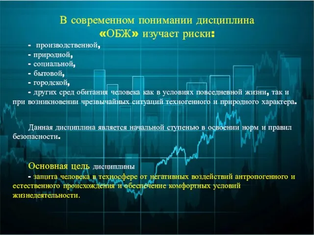 В современном понимании дисциплина «ОБЖ» изучает риски: - производственной, - природной,