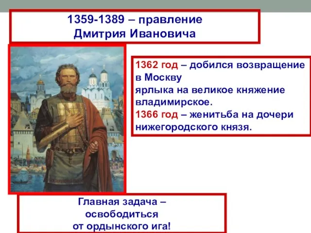 1359-1389 – правление Дмитрия Ивановича 1362 год – добился возвращение в