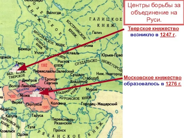 Тверское княжество возникло в 1247 г. Московское княжество образовалось в 1276