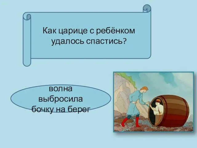 Как царице с ребёнком удалось спастись? волна выбросила бочку на берег