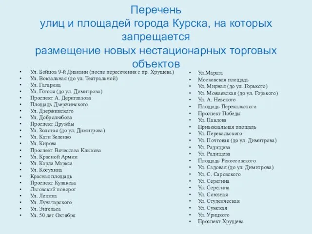 Перечень улиц и площадей города Курска, на которых запрещается размещение новых