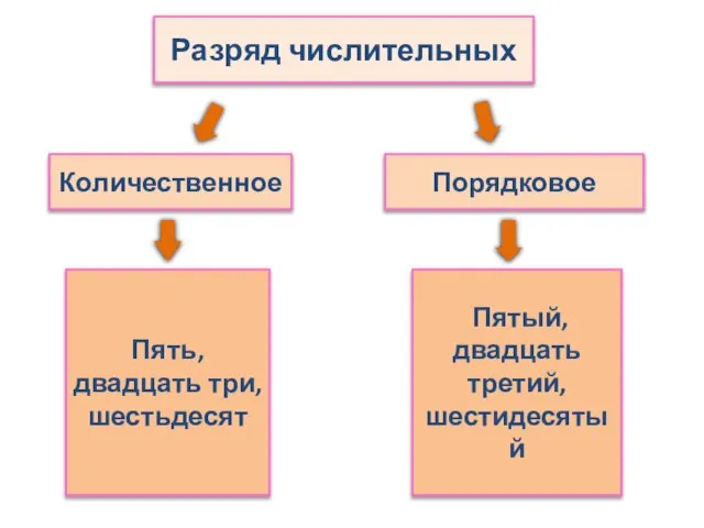 Разряд числительных Количественное Порядковое Пять, двадцать три, шестьдесят Пятый, двадцать третий, шестидесятый