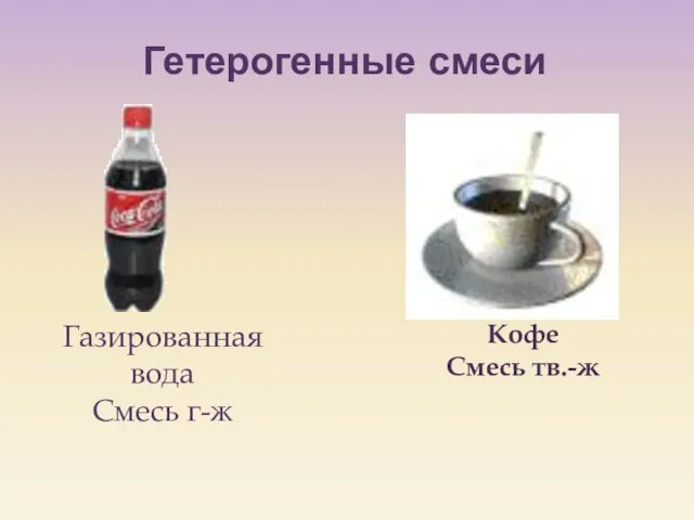 Гетерогенные смеси Газированная вода Смесь г-ж Кофе Смесь тв.-ж