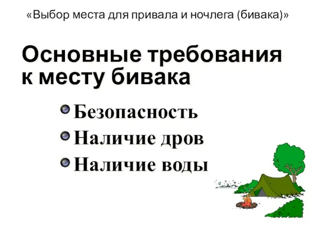 «Выбор места для привала и ночлега (бивака)» Основные требования к месту