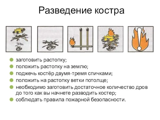 Разведение костра заготовить растопку; положить растопку на землю; поджечь костёр двумя-тремя