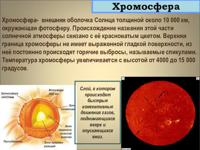 Хромосфера- внешняя оболочка Солнца толщиной около 10 000 км, окружающая фотосферу.