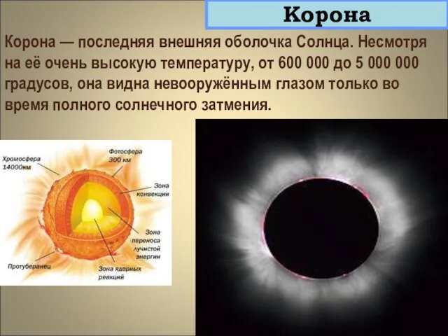 Корона — последняя внешняя оболочка Солнца. Несмотря на её очень высокую