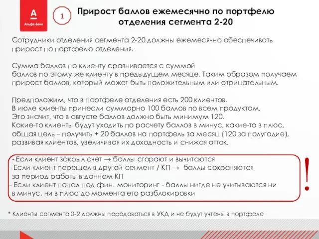 Сотрудники отделения сегмента 2-20 должны ежемесячно обеспечивать прирост по портфелю отделения.