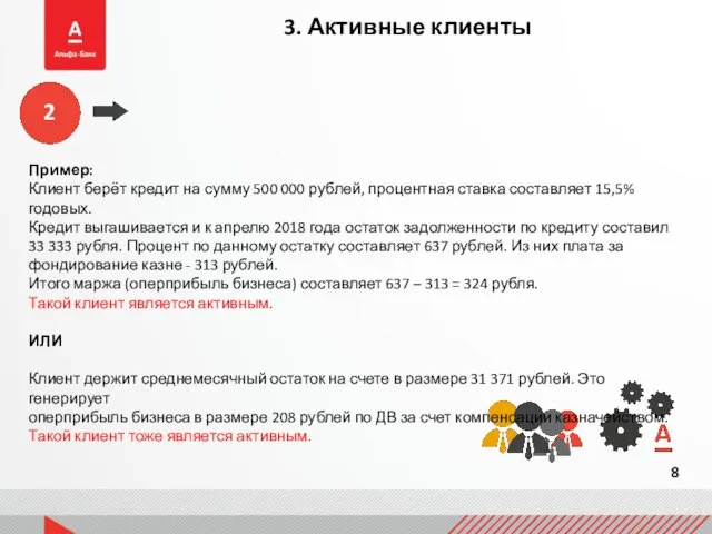 3. Активные клиенты Пример: Клиент берёт кредит на сумму 500 000