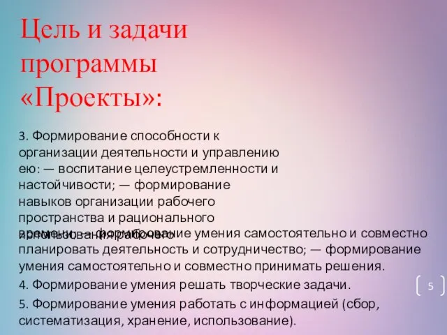 Цель и задачи программы «Проекты»: 3. Формирование способности к организации деятельности