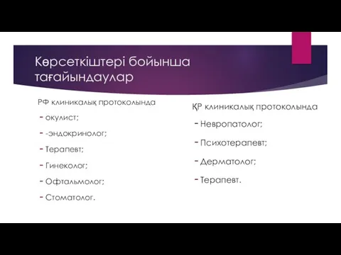 Көрсеткіштері бойынша тағайындаулар РФ клиникалық протоколында окулист; -эндокринолог; Терапевт; Гинеколог; Офтальмолог;