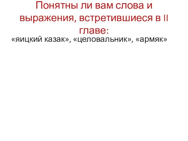 Понятны ли вам слова и выражения, встретившиеся в II главе: «яицкий казак», «целовальник», «армяк»